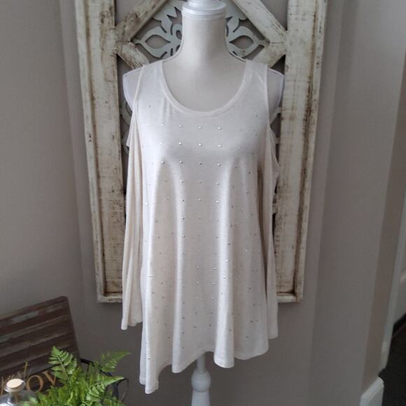 a.n.a. Women's Long Sleeve Asymmetric Cold Shoulder Rhinestone T-Shirt Tee - Picture 2 of 5